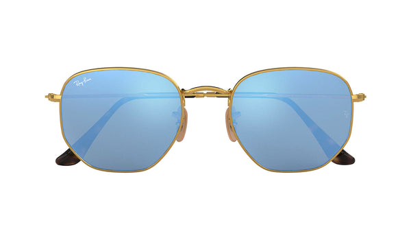 Ray Ban RB3548N HEXAGONAL Unisex Sunglasses Gold Light Blue Flash, SPEX